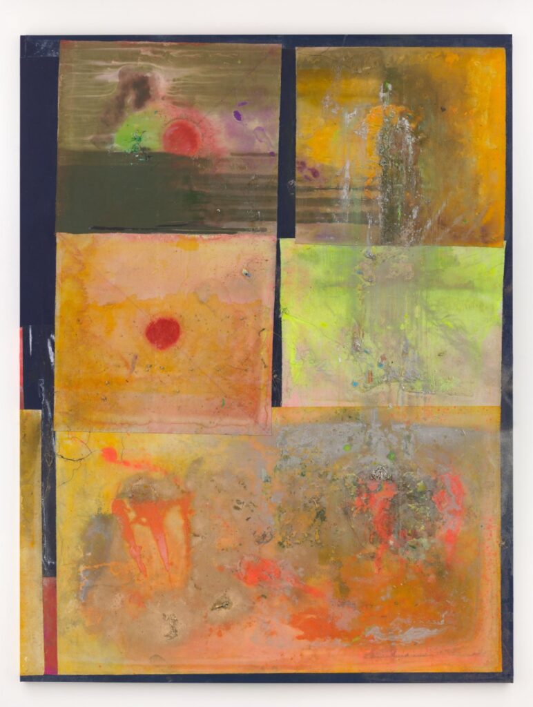 "Skid" (2023), by Frank Bowling. Acrylic, acrylic gel and found objects on collaged canvas with marouflage. Photo: Anna Arca. © Frank Bowling. All Rights Reserved, DACS 2025. Courtesy the artist and Hauser & Wirth